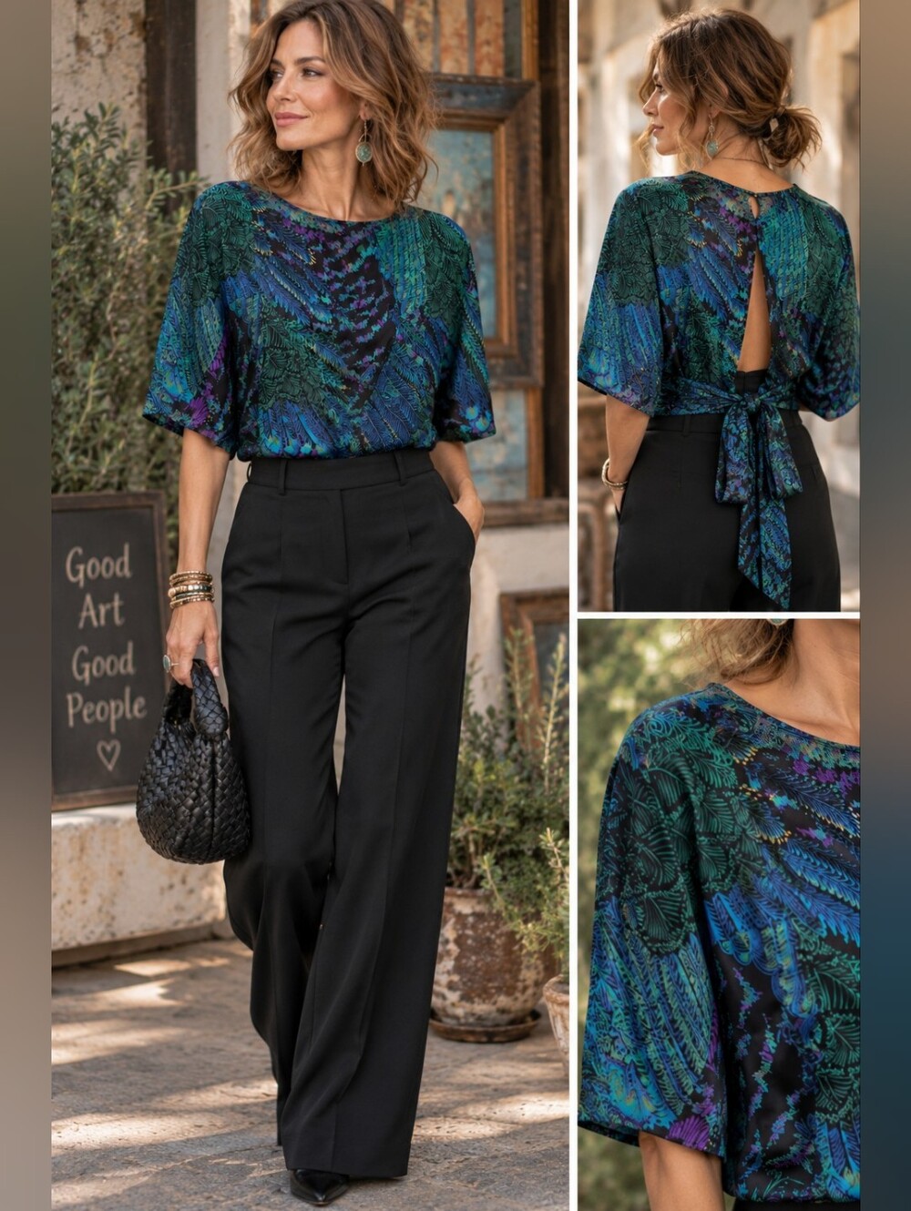 Warehouse 100% Silk Peacock Printed Top Cut-out Back With Wrap Waist Tie Vibrant